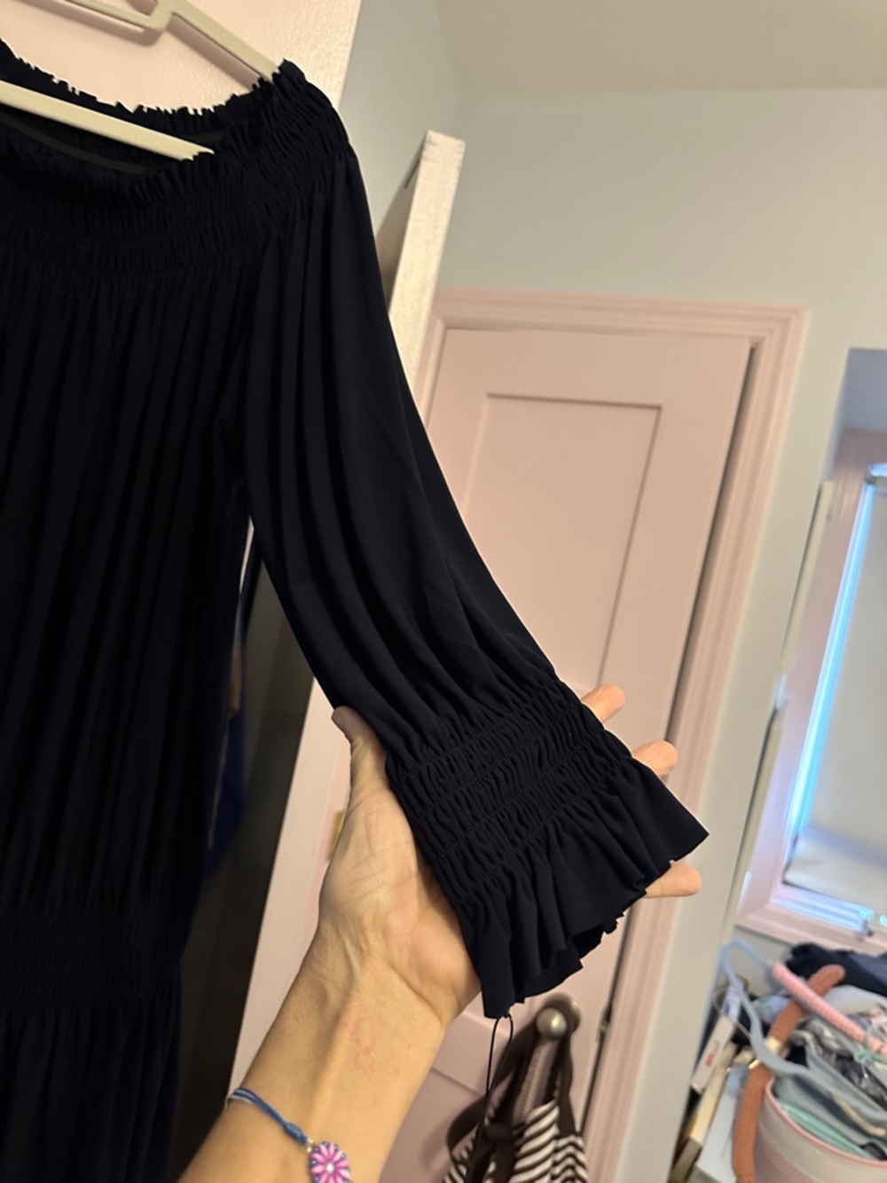 Norma Kamali Black Smocked Pleated Long Sleeve Dress - Picture 3 of 7
